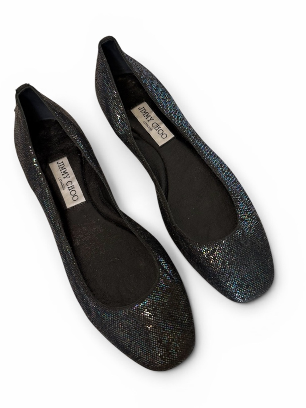 Jimmy Choo Black Glitter Leather Ballet Flats